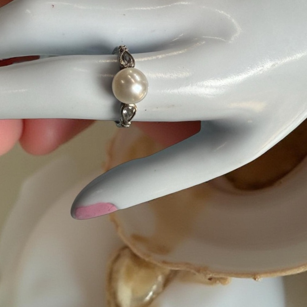 Sterling Silver Pearl & CZ Solitaire Ring | Size 8.5 | NF 925